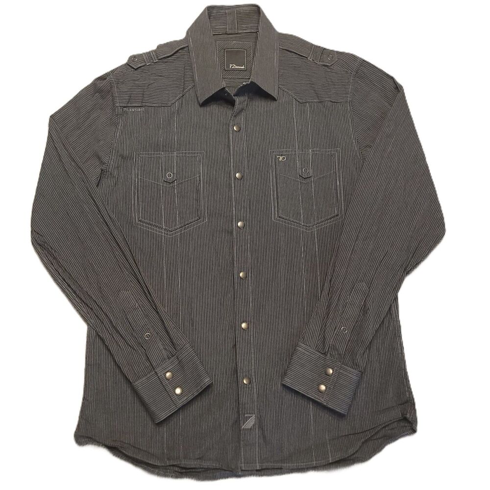 7 Diamonds Men’s L  Shirt Snap Up Long Sleeve Black Grey Striped Pockets Stretch